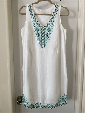 J. Jill White Love Linen Dress with Turquoise Embroidery